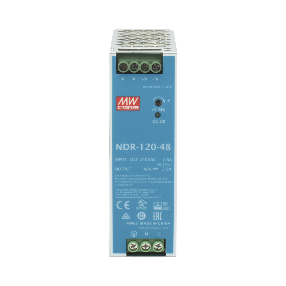 Fuente de poder industrial de 120 W, salida 48 Vcc, entrada 90~264 VCA, para montaje en riel DIN,