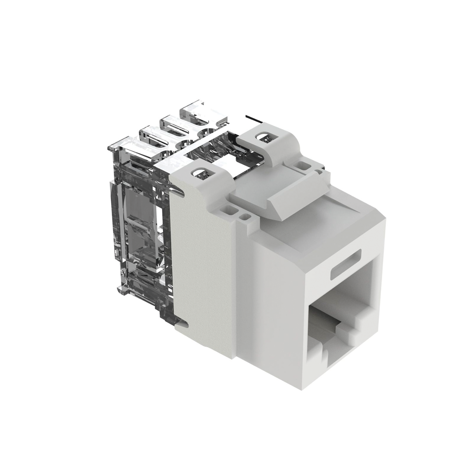 Conector Jack Estilo 110 (de Impacto), Tipo Keystone, Categoría 6A, de 8 Posiciones y 8 Cables, Color Blanco
