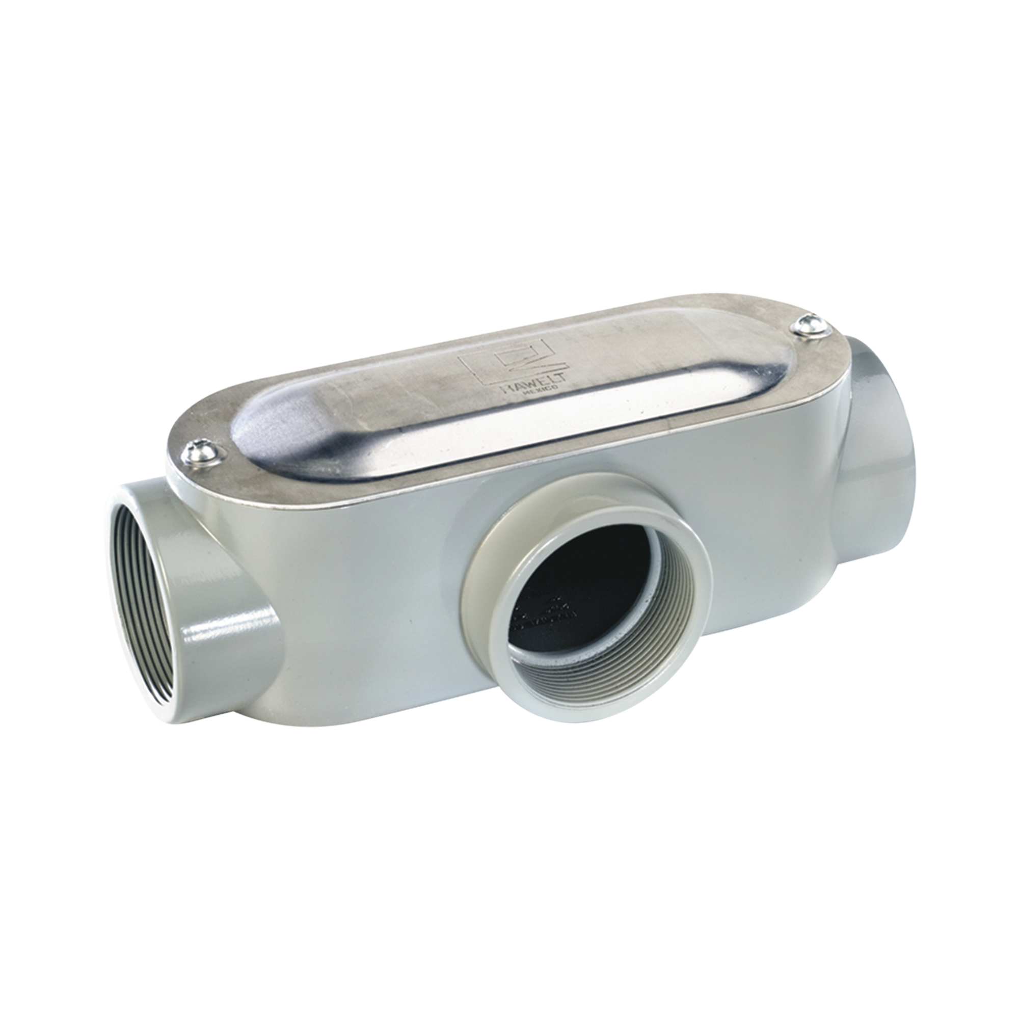 Caja oval roscada tipo T de 2 1/2" s (63.5 mm) incluye tapa y tornillos.