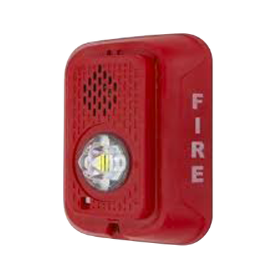 Sirena con Lámpara LED Estroboscópica / a 2 Hilos / Montaje en Pared / 24 Vcd / Configuración Estroboscópica Seleccionable / Texto en Inglés / Color Rojo