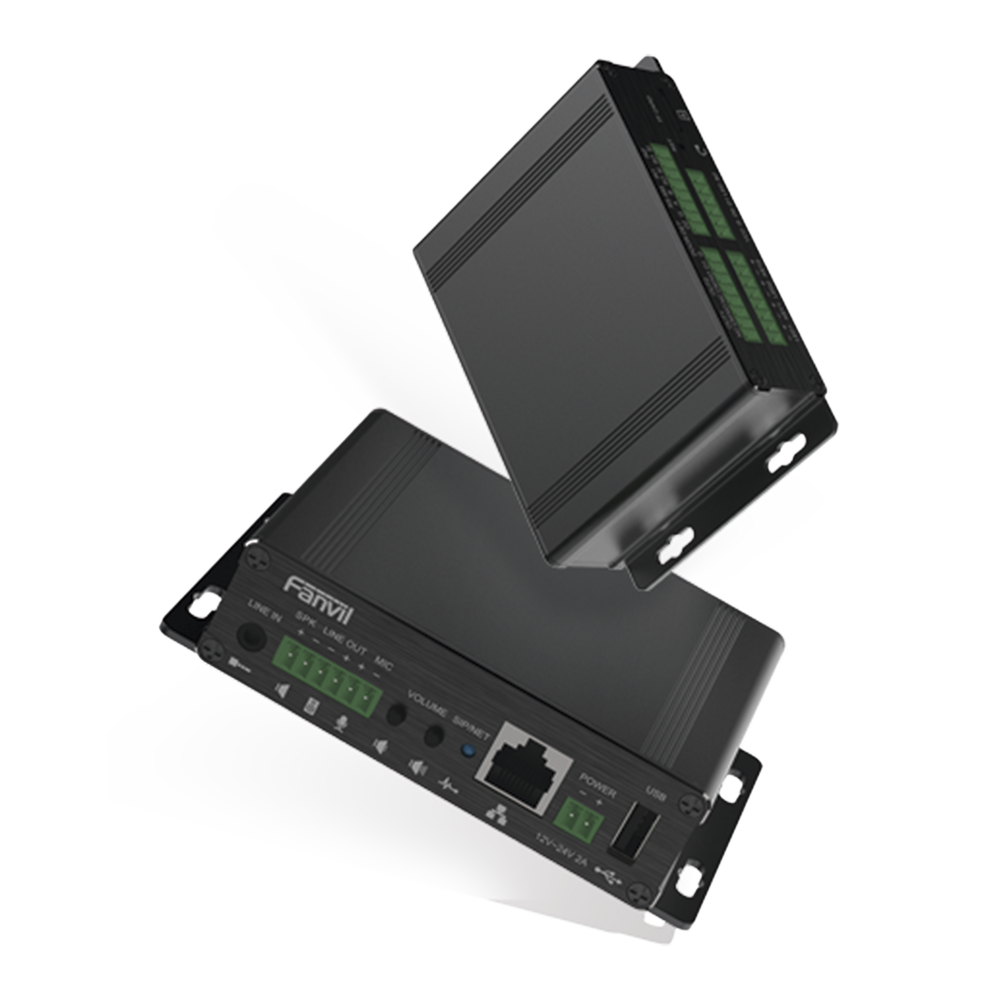 Gateway para Voceo IP/SIP,  Entrada de audio (3.5mm), salida de amplificador integrado de hasta 30W, puerto USB (reproducción de MP3),