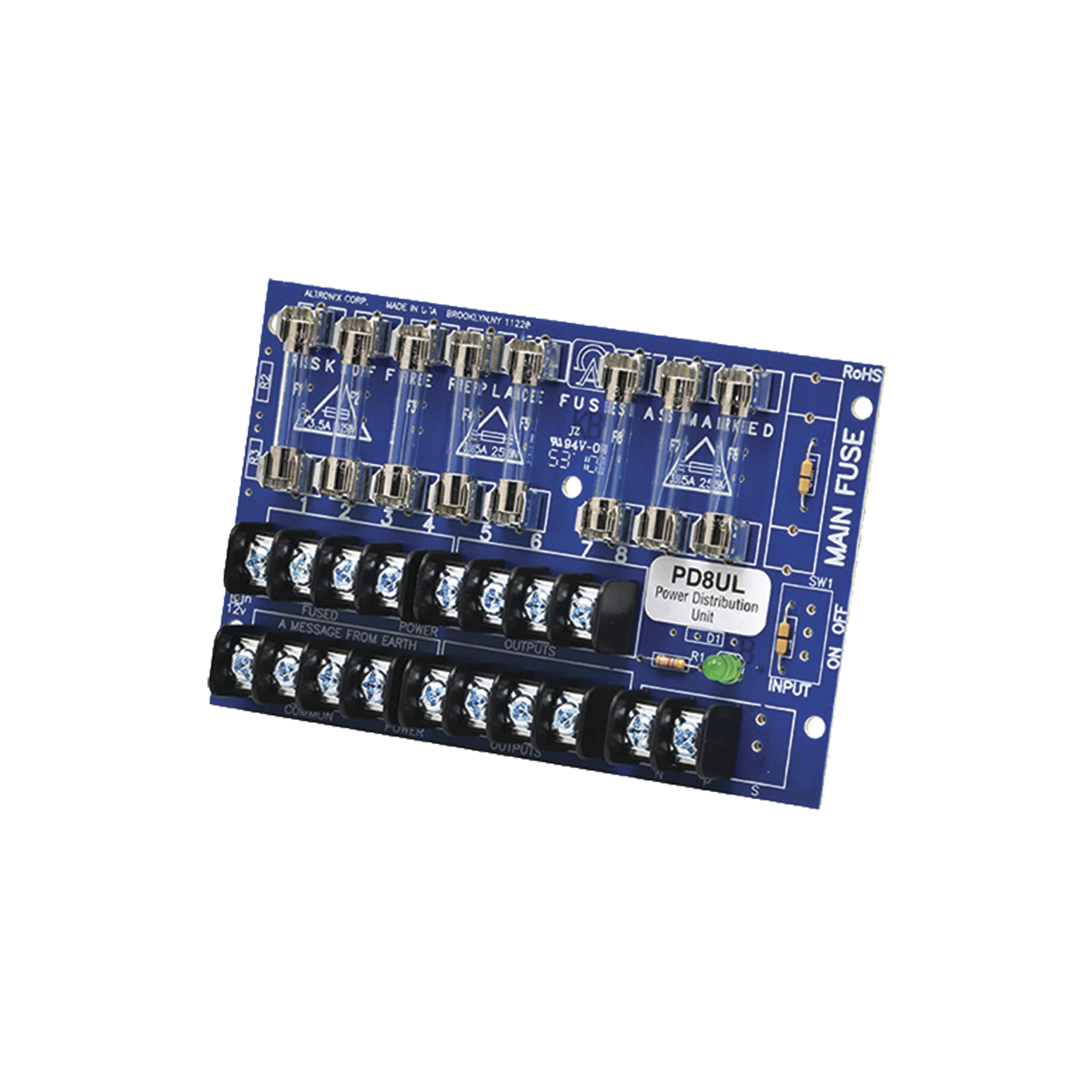 Tablero distribuidor de voltaje, 8 salidas con fusible de protección. Para uso con Fuentes de poder ALTRONIX.