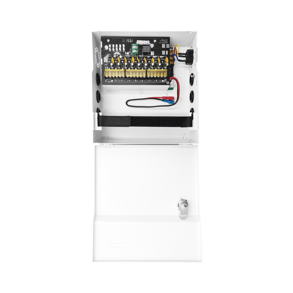Fuente de Poder con ajuste de voltaje de 11- 15 Vcc / 10 A / 9 Salidas / Capacidad de Batería de Respaldo / Requiere Batería / Voltaje de Entrada 96-264 Vca