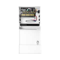 Fuente de Poder con ajuste de voltaje de 11- 15 Vcc / 10 A / 9 Salidas / Capacidad de Batería de Respaldo / Requiere Batería / Voltaje de Entrada 96-264 Vca