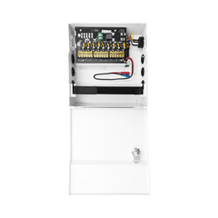 Fuente de Poder con ajuste de voltaje de 11- 15 Vcc / 10 A / 9 Salidas / Capacidad de Batería de Respaldo / Requiere Batería / Voltaje de Entrada 96-264 Vca