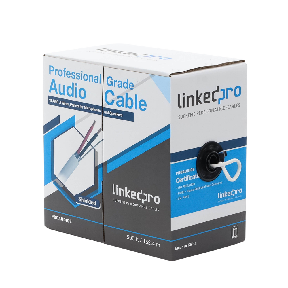 Cable para Audio Profesional Calibre 18 en 2 Hilos 100% Cobre, Blindado Perfecto para Bocinas y Micrófonos, Bobina de 152 Metros (500 Pies)