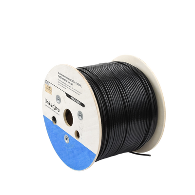 Bobina de cable de 305 m, Cat5E, con gel, para intemperie, doble forro extrema humedad, bajo tierra, UL, color negro para aplicaciones en video vigilancia, y redes de alta velocidad.