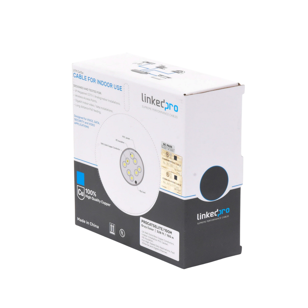 Bobina de Cable de 100 Metros (328.08 Pies), Cat5e, 24 AWG, Color Gris, UL, para Aplicaciones en Videovigilancia, Redes de Datos. Uso Interior