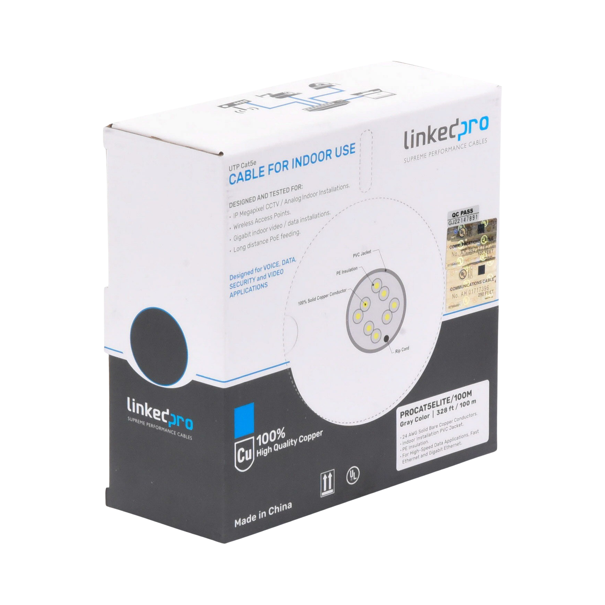 Bobina de Cable de 100 Metros (328.08 Pies), Cat5e, 24 AWG, Color Gris, UL, para Aplicaciones en Videovigilancia, Redes de Datos. Uso Interior