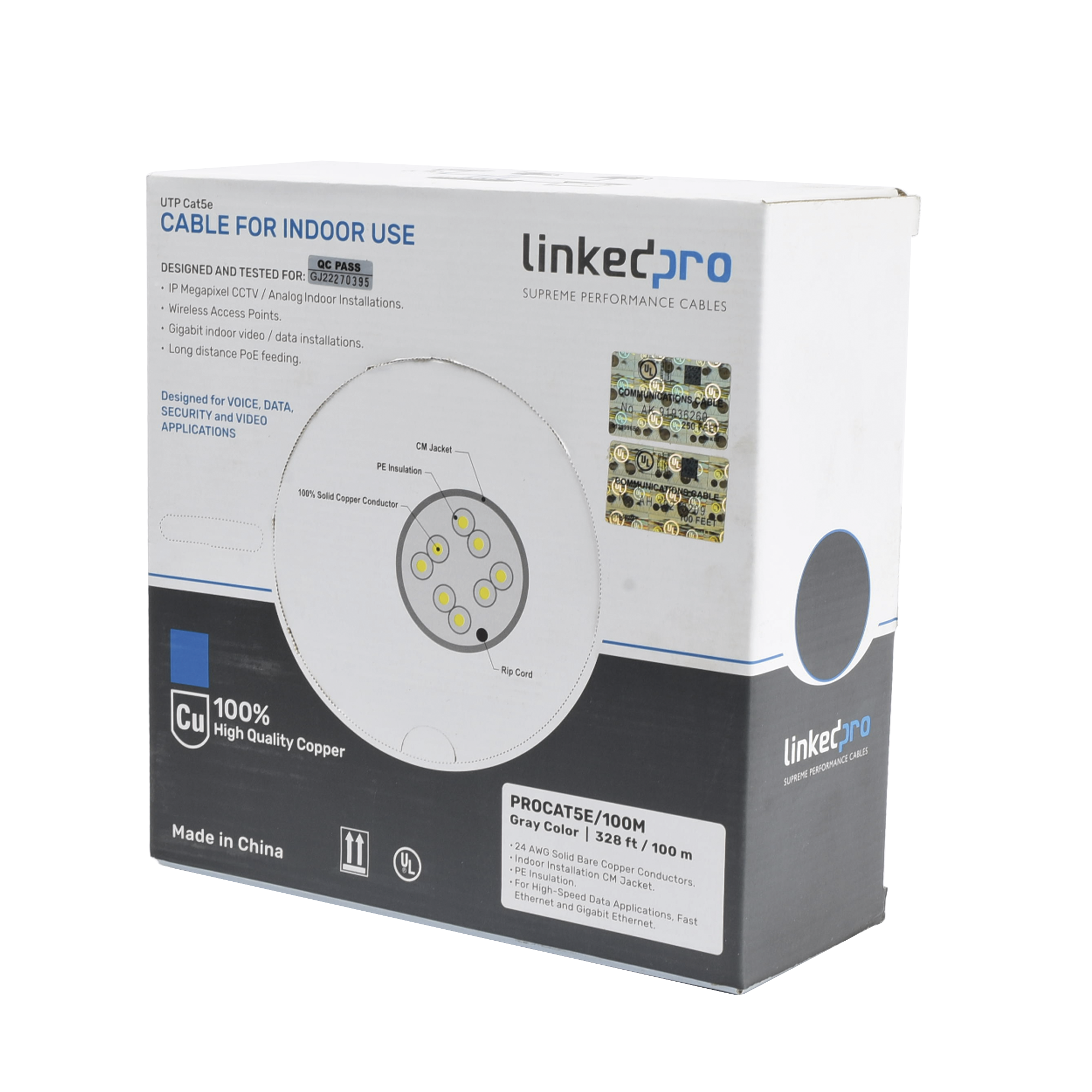 Cable Cat5e de Alto Rendimiento, con Certificaciones ETL, UL, Color Gris, de 100 Metros (328 Pies) para Aplicaciones en CCTV, Redes de Datos. Uso Interior.