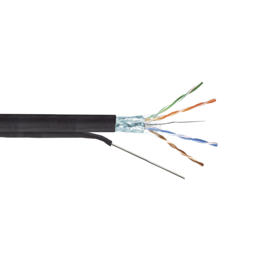 Bobina de Cable FTP con Mensajero de Acero de 305 Metros (1000 Pies) Cat6+ Calibre 23, Color Negro, para Aplicaciones en Video Vigilancia y Redes de Datos / Uso en Intemperie y Aplicaciones Aéreas