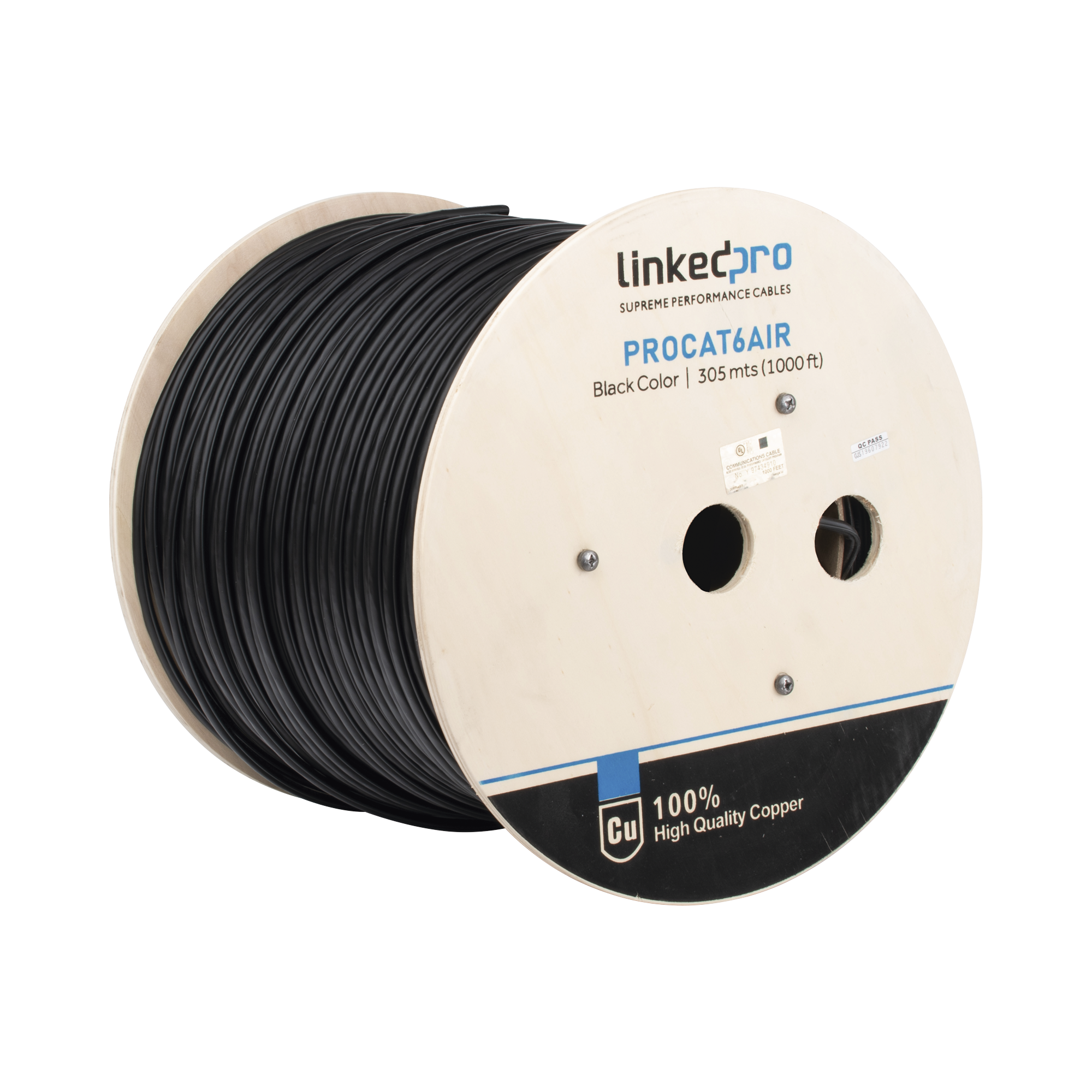 Bobina de Cable FTP con Mensajero de Acero de 305 Metros (1000 Pies) Cat6+ Calibre 23, Color Negro, para Aplicaciones en Video Vigilancia y Redes de Datos / Uso en Intemperie y Aplicaciones Aéreas