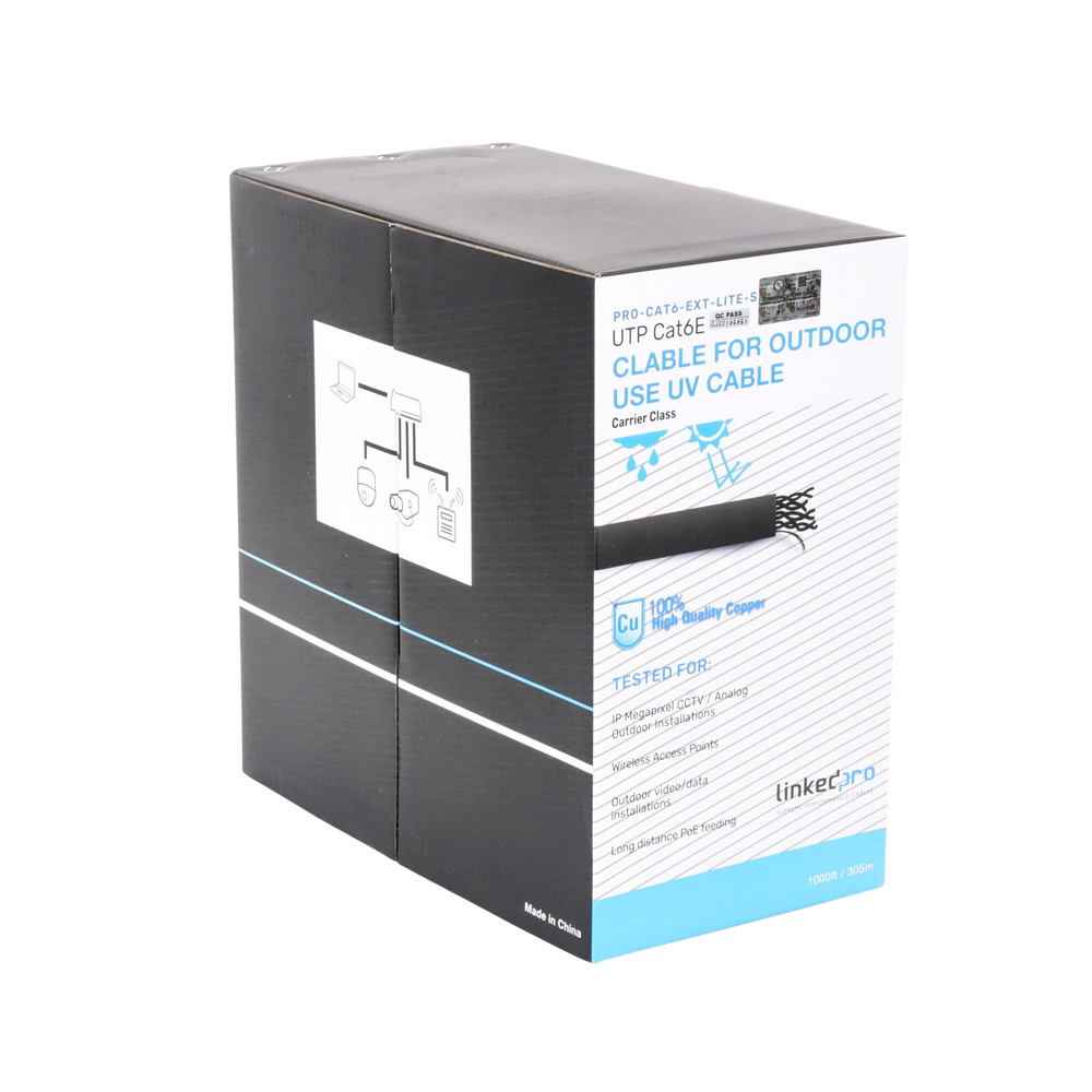 Bobina de Cable 305 Metros (1000 Pies) Cat6, 24 AWG, Climas Extremos, Color Negro, Sin Blindar, para Intemperie