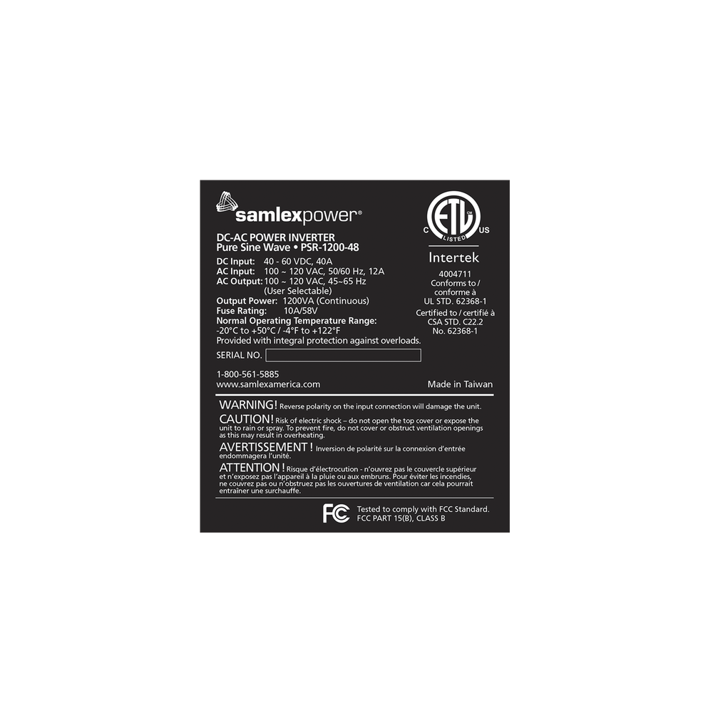 Inversor de corriente Onda Pura Montaje en rack 1200W, 48 Vcc- 120 VCA, 50/60 Hz