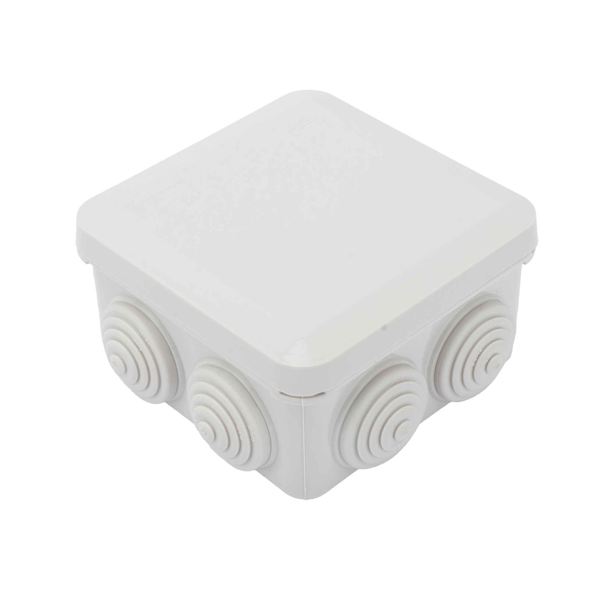 Caja Estanca, Derivación, Conexión de Plástico (89 X 89 X 50 mm) con 7 Glándulas de Goma. Para Instalaciones Comerciales,  Residenciales e Industriales. Cerrado a Presión.