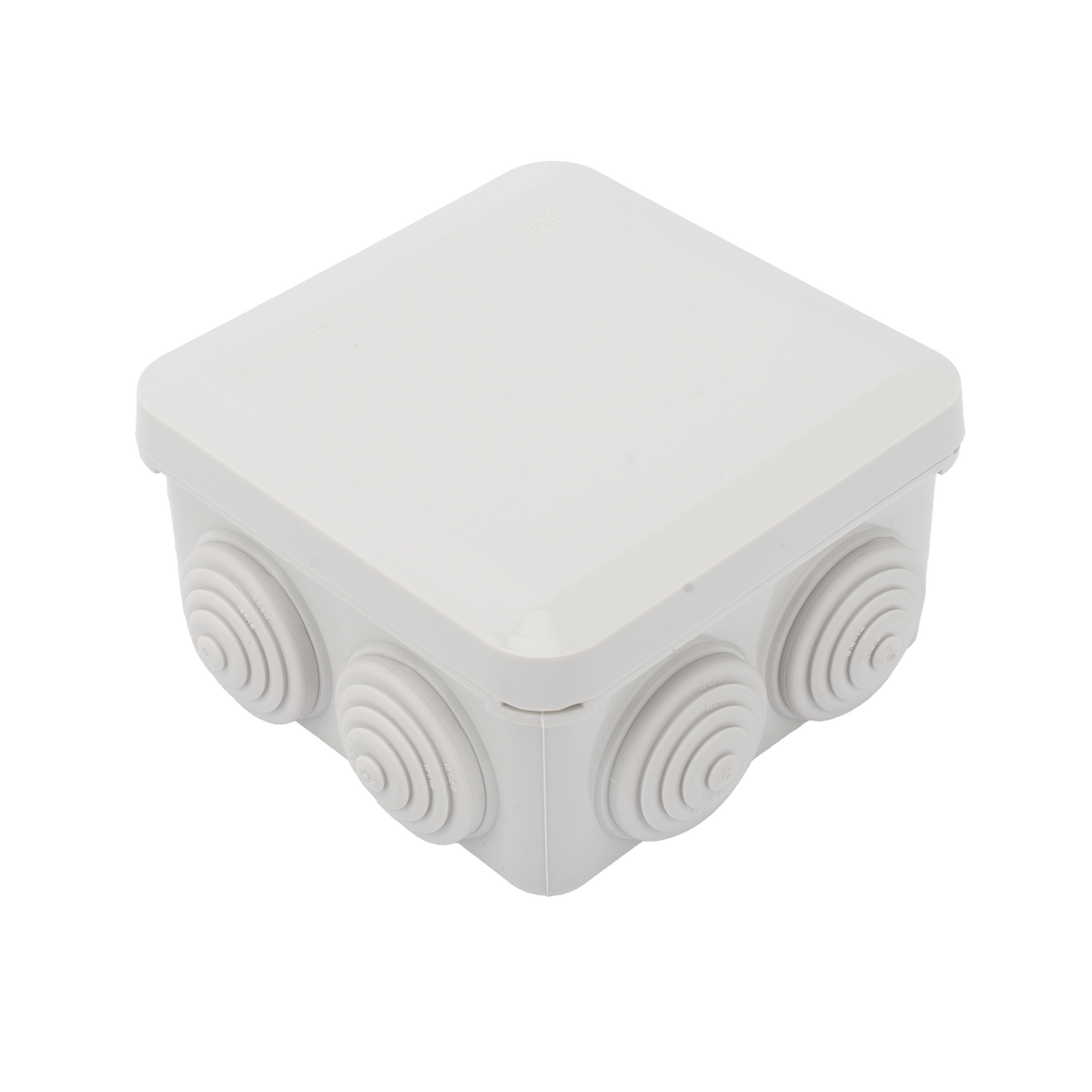 Caja Estanca, Derivación, Conexión de Plástico (89 X 89 X 50 mm) con 7 Glándulas de Goma. Para Instalaciones Comerciales,  Residenciales e Industriales. Cerrado a Presión.