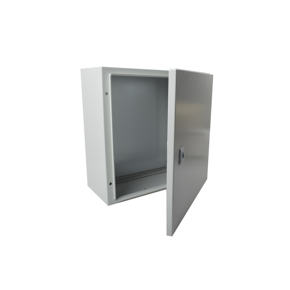 Gabinete de Acero IP66 Uso en Intemperie (250 x 300 x 150 mm) con Placa Trasera Interior Metálica y Compuerta Inferior Atornillable (Incluye Chapa y Llave T).