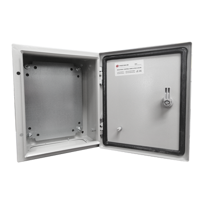 Gabinete de Acero IP66 Uso en Intemperie (250 x 300 x 150 mm) con Placa Trasera Interior Metálica y Compuerta Inferior Atornillable (Incluye Chapa y Llave T).