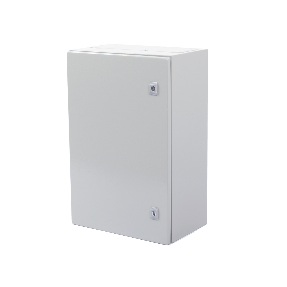 Gabinete de Acero IP66 Uso en Intemperie (400 x 600 x 250 mm) con Placa Trasera Interior Metálica y Compuerta Inferior Atornillable (Incluye Chapa y Llave T).