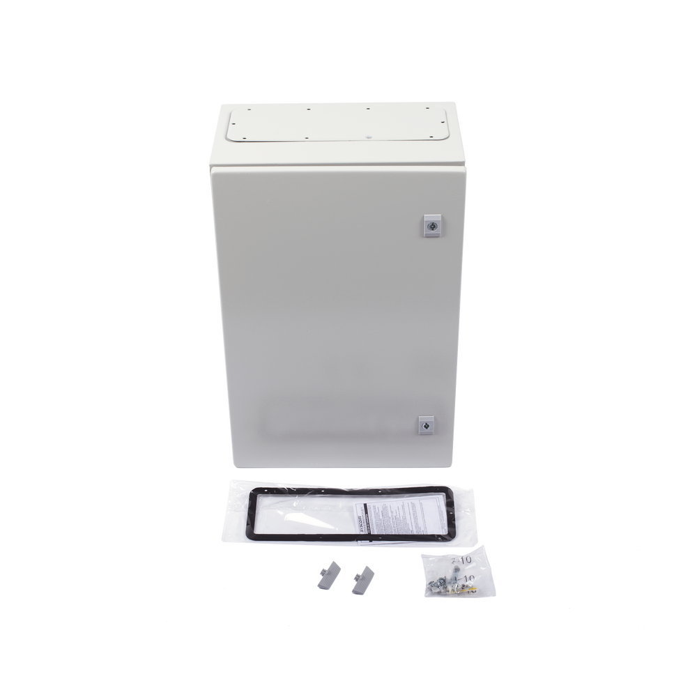 Gabinete de Acero IP66 Uso en Intemperie (400 x 600 x 250 mm) con Placa Trasera Interior Metálica y Compuerta Inferior Atornillable (Incluye Chapa y Llave T).
