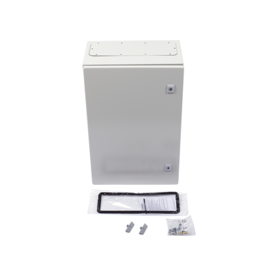 Gabinete de Acero IP66 Uso en Intemperie (400 x 600 x 250 mm) con Placa Trasera Interior Metálica y Compuerta Inferior Atornillable (Incluye Chapa y Llave T).