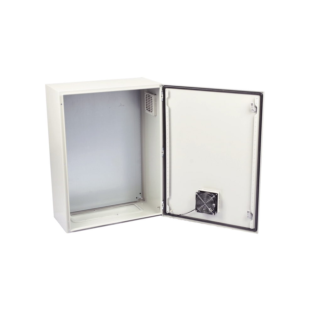 Gabinete Ventilado de Acero IP55 Uso en Exterior (400 x 600 x 250 mm) con Placa Trasera Interior Metálica y Compuerta Inferior Atornillable. Incluye Ventilador, Ventilas, filtros, Chapas y Llave T.