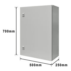 Gabinete de Acero IP66 Uso en Intemperie (500 x 700 x 250 mm) con Placa Trasera Interior Metálica y Compuerta Inferior Atornillable (Incluye Chapa y Llave T).