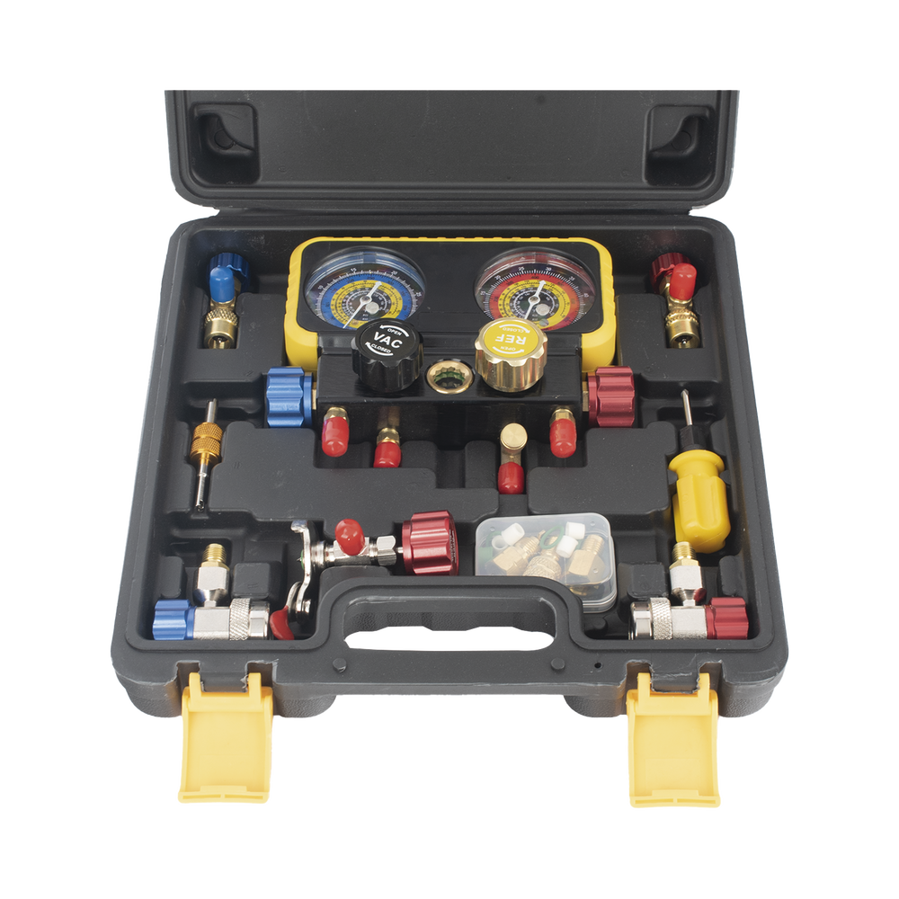 Manómetro de 4 vías con Accesorios para Gas refrigerante  R410A/ R32/ R134A/R22