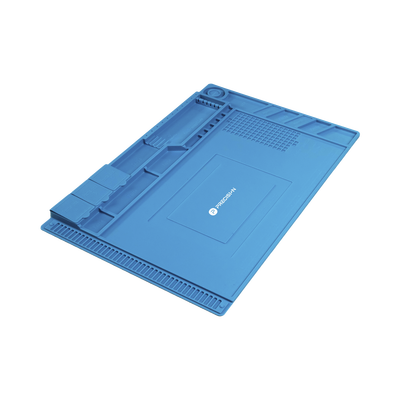 Tapete de silicona de 45 x 30 cm, resistente al calor con áreas magnéticas y de almacenamiento de componentes, ideal para la reparación de equipos y tarjetas electrónicas.