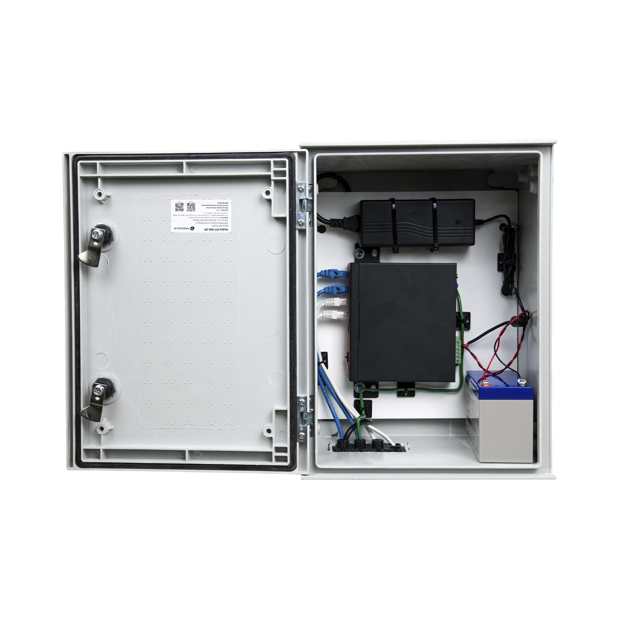KIT de Gabinete de Poliéster (300 x 400 x 200 mm) + Controlador de Carga con Switch PoE (5) + Batería de 12V 7Ah