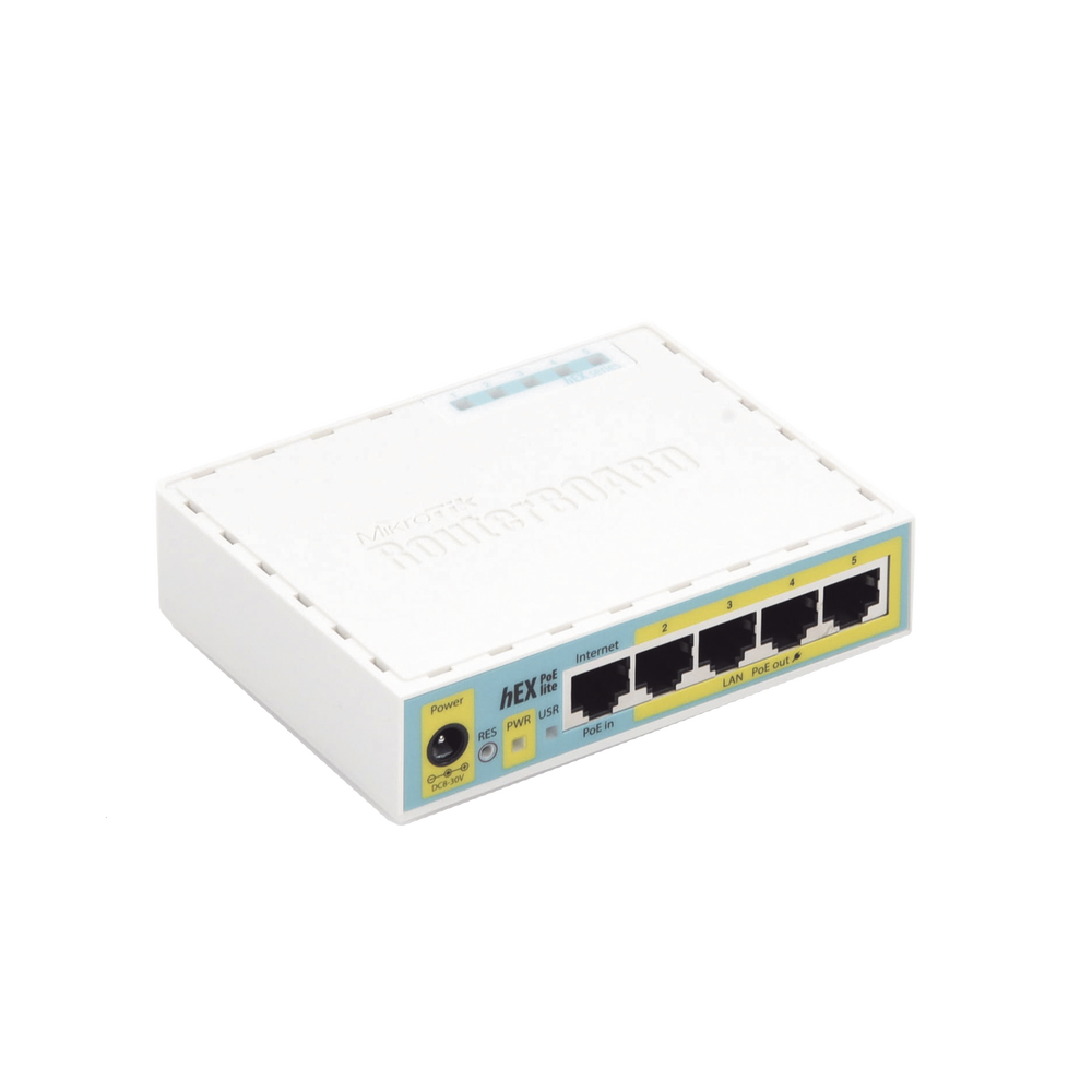 (hEX PoE LITE) RouterBoard, 5 Puertos Fast Ethernet, 4 con PoE Pasivo, 1 Puerto USB