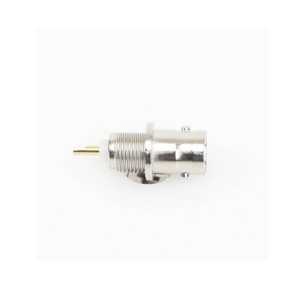 Conector BNC Hembra de Montaje Frontal D-Plano, Soldable, Rondana de Seguridad, Níquel/ Oro/ Delrin.