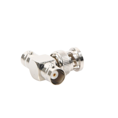 Adaptador en T para 50 Ohm de BNC Macho a Doble BNC Hembra, Maquinado, Níquel/ Oro/ Teflón.