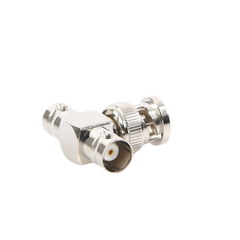 Adaptador en T para 50 Ohm de BNC Macho a Doble BNC Hembra, Maquinado, Níquel/ Oro/ Teflón.