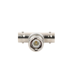 Adaptador en T para 50 Ohm de BNC Macho a Doble BNC Hembra, Troquelado, Níquel/ Oro/ Delrin.