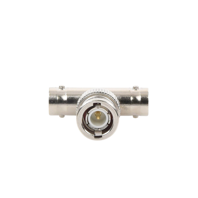 Adaptador en T para 50 Ohm de BNC Macho a Doble BNC Hembra, Troquelado, Níquel/ Oro/ Delrin.
