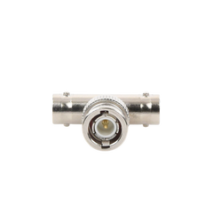 Adaptador en T para 50 Ohm de BNC Macho a Doble BNC Hembra, Troquelado, Níquel/ Oro/ Delrin.