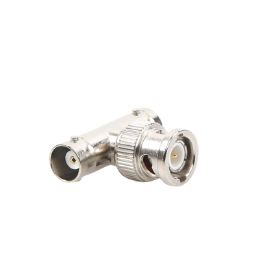 Adaptador en T para 50 Ohm de BNC Macho a Doble BNC Hembra, Troquelado, Níquel/ Oro/ Delrin.