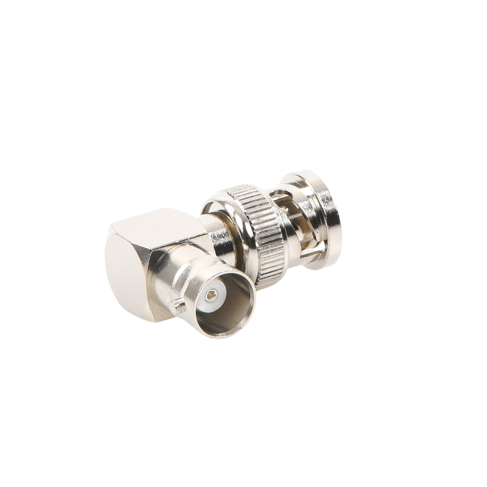 Adaptador en Ángulo Recto, de Conector BNC Macho a BNC Hembra, 50 Ohm (Monitor), Níquel/ Plata/ Teflón.
