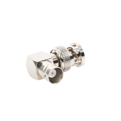 Adaptador en Ángulo Recto, de Conector BNC Macho a BNC Hembra, 50 Ohm (Monitor), Níquel/ Plata/ Teflón.