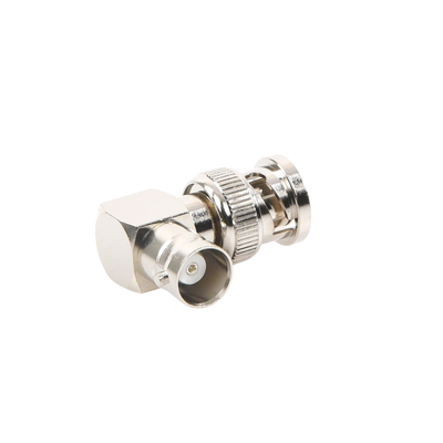 Adaptador en Ángulo Recto, de Conector BNC Macho a BNC Hembra, 50 Ohm (Monitor), Níquel/ Plata/ Teflón.