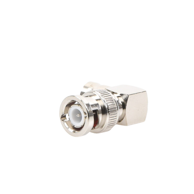 Adaptador en Ángulo Recto, de Conector BNC Macho a BNC Hembra, 50 Ohm (Monitor), Níquel/ Plata/ Teflón.