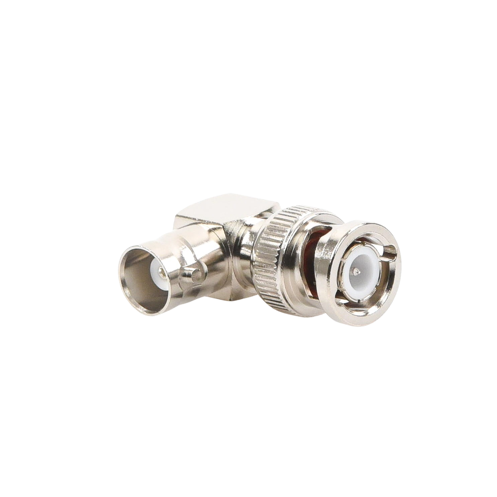 Adaptador en Ángulo Recto, de Conector BNC Macho a BNC Hembra, 50 Ohm (Monitor), Níquel/ Plata/ Teflón.