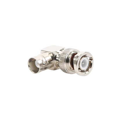 Adaptador en Ángulo Recto, de Conector BNC Macho a BNC Hembra, 50 Ohm (Monitor), Níquel/ Plata/ Teflón.
