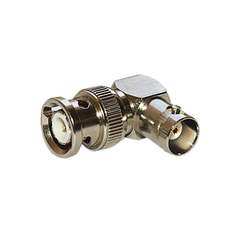 Adaptador en Ángulo Recto, de Conector BNC Macho a BNC Hembra, 50 Ohm (Monitor), Níquel/ Plata/ Teflón.