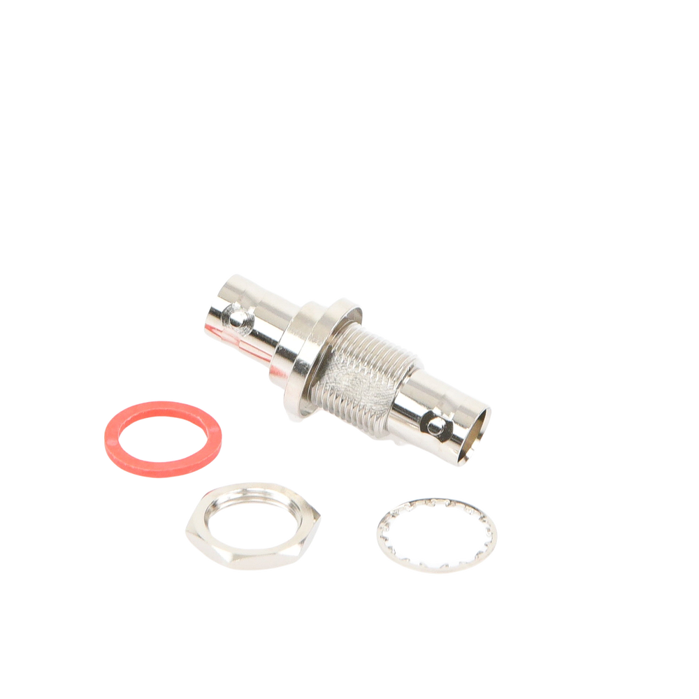 Adaptador Doble BNC Hembra para Chasis, Hermético y de Montaje en D-Plano, Níquel/ Oro/ Delrin.