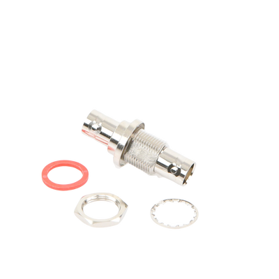 Adaptador Doble BNC Hembra para Chasis, Hermético y de Montaje en D-Plano, Níquel/ Oro/ Delrin.