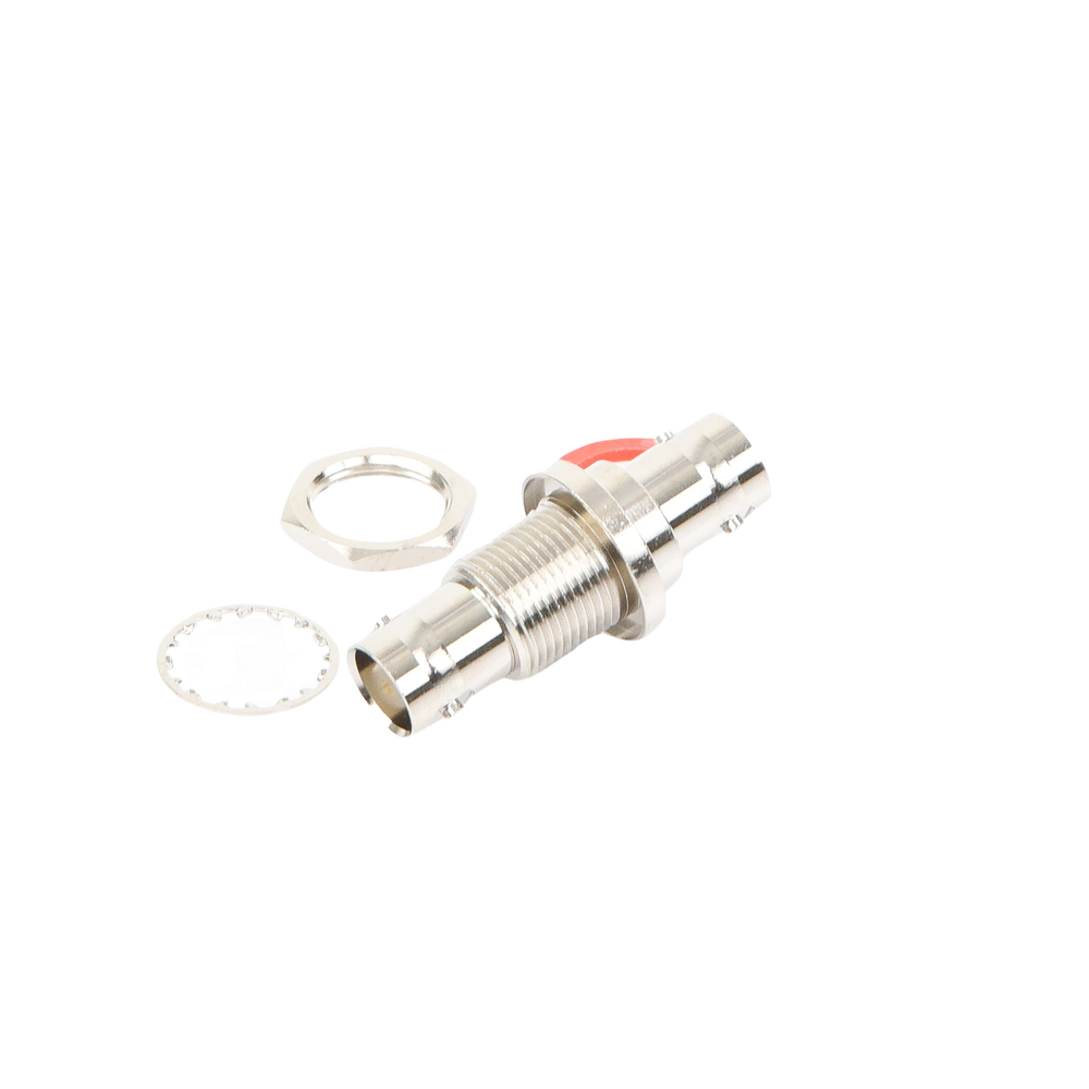 Adaptador Doble BNC Hembra para Chasis, Hermético y de Montaje en D-Plano, Níquel/ Oro/ Delrin.