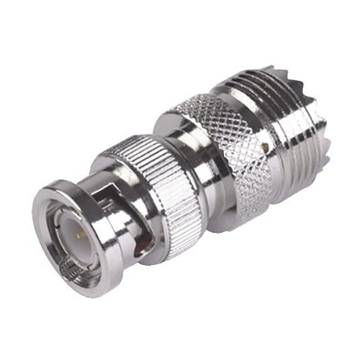 Adaptador en Linea para 50 Ohm, Conector BNC Macho-UHF Hembra (SO-239), Níquel/ Oro/ Delrin.