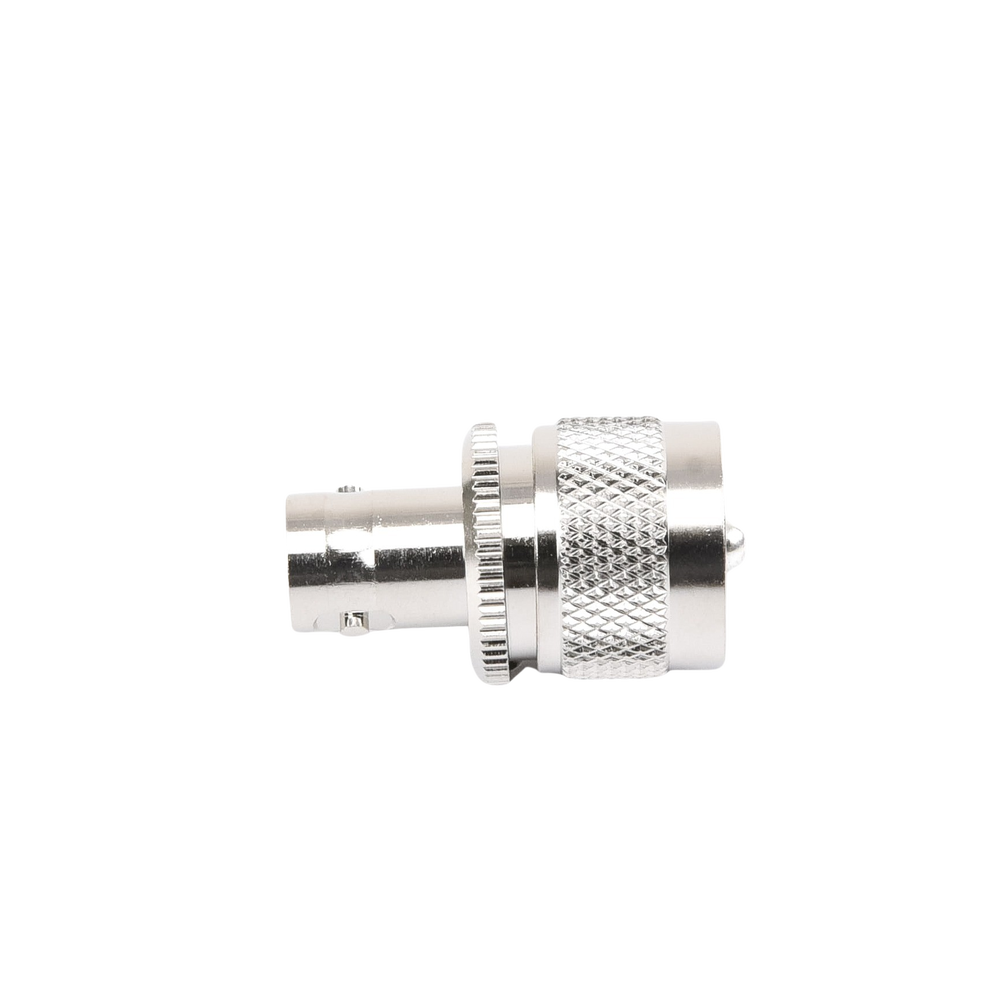 Adaptador en Línea para 50 Ohm, Conector BNC Hembra-UHF Macho (PL-259), Níquel/ Plata/ Delrin.